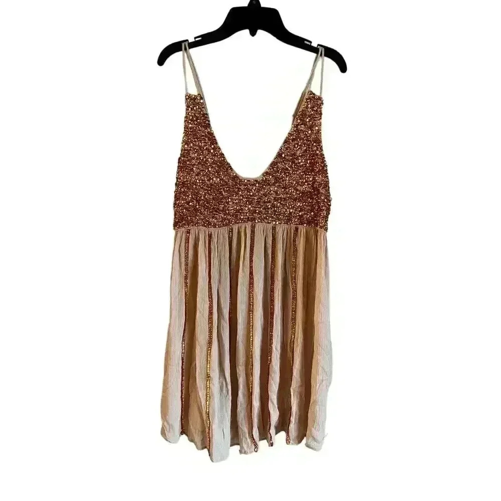 Intimately Free People Girl Girl rose Gold Dress Size Medium Sequins Fit Flare